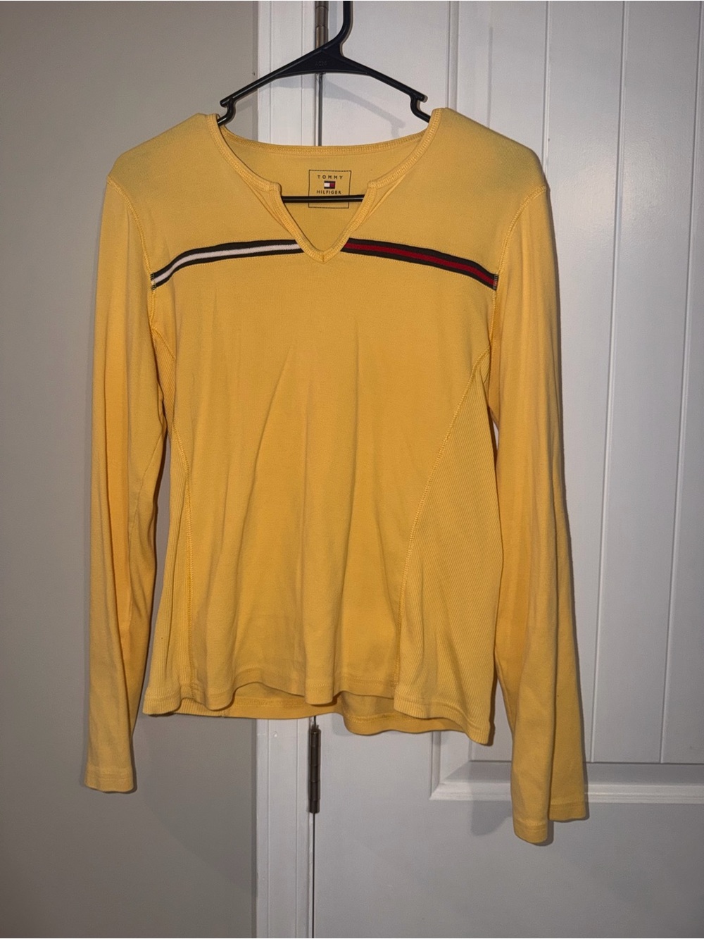 Vintage Tommy Hilfiger Yellow Long Sleeve Ribbed Top V-Neck Size Large